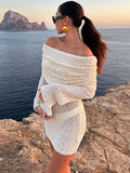 DERMEARNE Tossy Knitted Hollow Blouse Mini Dress Women's Summer Sexy Row Neck Slim Long Sleeve Solid Color Hip Beach Vacation Mini Dress