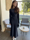Dermearne Tossy Satin Fashion Slim Maxi Dress For Women Long Sleeve High Waist Elegant Solid Party Dress Casual Luxury Ladies Autumn Dress