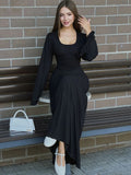 DERMEARNE Tossy Scoop Neck Lace-Up Ribbed Maxi Dress Female Long Sleeve Fashion Slim Loose Bandage Dress Autumn 2025 Solid Women Dress New