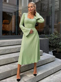DERMEARNE Tossy Scoop Neck Lace-Up Ribbed Maxi Dress Female Long Sleeve Fashion Slim Loose Bandage Dress Autumn 2025 Solid Women Dress New