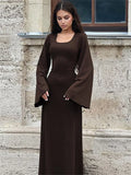 DERMEARNE Tossy Scoop Neck Lace-Up Ribbed Maxi Dress Female Long Sleeve Fashion Slim Loose Bandage Dress Autumn 2025 Solid Women Dress New