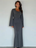 DERMEARNE Tossy Scoop Neck Lace-Up Ribbed Maxi Dress Female Long Sleeve Fashion Slim Loose Bandage Dress Autumn 2025 Solid Women Dress New