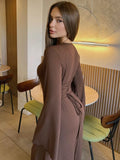 DERMEARNE Tossy Scoop Neck Lace-Up Ribbed Maxi Dress Female Long Sleeve Fashion Slim Loose Bandage Dress Autumn 2025 Solid Women Dress New