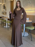 DERMEARNE Tossy Scoop Neck Lace-Up Ribbed Maxi Dress Female Long Sleeve Fashion Slim Loose Bandage Dress Autumn 2025 Solid Women Dress New