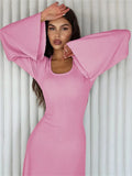 DERMEARNE Tossy Scoop Neck Lace-Up Ribbed Maxi Dress Female Long Sleeve Fashion Slim Loose Bandage Dress Autumn 2025 Solid Women Dress New