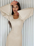 DERMEARNE Tossy Scoop Neck Lace-Up Ribbed Maxi Dress Female Long Sleeve Fashion Slim Loose Bandage Dress Autumn 2025 Solid Women Dress New