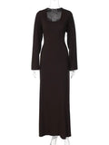 DERMEARNE Tossy Scoop Neck Lace-Up Ribbed Maxi Dress Female Long Sleeve Fashion Slim Loose Bandage Dress Autumn 2025 Solid Women Dress New