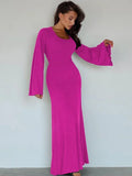 DERMEARNE Tossy Scoop Neck Lace-Up Ribbed Maxi Dress Female Long Sleeve Fashion Slim Loose Bandage Dress Autumn 2025 Solid Women Dress New