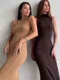 Dermearne Tossy Sleeveless Knitwear Turtleneck Long Dress Female Slim Elegant Fashion Autumn 2024 Ribbed Knit Dress For Women Maxi Dress