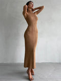 Dermearne Tossy Sleeveless Knitwear Turtleneck Long Dress Female Slim Elegant Fashion Autumn 2024 Ribbed Knit Dress For Women Maxi Dress