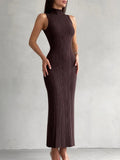 Dermearne Tossy Sleeveless Knitwear Turtleneck Long Dress Female Slim Elegant Fashion Autumn 2024 Ribbed Knit Dress For Women Maxi Dress