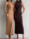 Dermearne Tossy Sleeveless Knitwear Turtleneck Long Dress Female Slim Elegant Fashion Autumn 2024 Ribbed Knit Dress For Women Maxi Dress