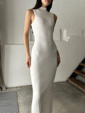 Dermearne Tossy Sleeveless Knitwear Turtleneck Long Dress Female Slim Elegant Fashion Autumn 2024 Ribbed Knit Dress For Women Maxi Dress