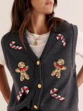 DERMEARNE Ugly Christmas Vests for Women Sequin Nutcracker Santa Sweaters Shirt Holiday Sparkly Graphic Crewneck Pullover Top Black