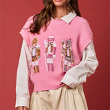 DERMEARNE Ugly Christmas Vests for Women Sequin Nutcracker Santa Sweaters Shirt Holiday Sparkly Graphic Crewneck Pullover Top Black