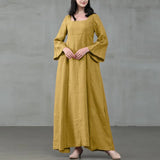 DERMEARNE Vintage Cotton Linen Woman Dress Square Collar Long Flare Sleeve Sundress Loose Party Dresses for Women Robe Casual Vestido
