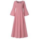 DERMEARNE Vintage Cotton Linen Woman Dress Square Collar Long Flare Sleeve Sundress Loose Party Dresses for Women Robe Casual Vestido