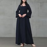 DERMEARNE Vintage Cotton Linen Woman Dress Square Collar Long Flare Sleeve Sundress Loose Party Dresses for Women Robe Casual Vestido