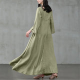DERMEARNE Vintage Cotton Linen Woman Dress Square Collar Long Flare Sleeve Sundress Loose Party Dresses for Women Robe Casual Vestido