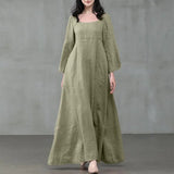 DERMEARNE Vintage Cotton Linen Woman Dress Square Collar Long Flare Sleeve Sundress Loose Party Dresses for Women Robe Casual Vestido