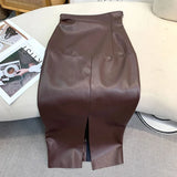 DERMEARNE Vintage Faux PU Leather Hobble Skirts Women Sexy Bodycon Midi Skirts Hem Split Ladies Mermaid Skirt Party Clothes New Custom