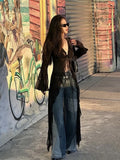 Dermearne  2 Vintage Y2k Black See Through Long Cardigan Women Sexy Grunge V-neck Streetwear Tops Summer Chic Aesthetic Bandage Slim Blouse