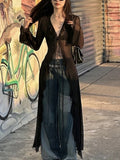 Dermearne Vintage Y2k Black See Through Long Cardigan Women Sexy Grunge V-neck Streetwear Tops Summer Chic Aesthetic Bandage Slim Blouse