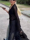 Dermearne  2 Vintage Y2k Black See Through Long Cardigan Women Sexy Grunge V-neck Streetwear Tops Summer Chic Aesthetic Bandage Slim Blouse