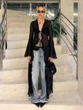 Dermearne  2 Vintage Y2k Black See Through Long Cardigan Women Sexy Grunge V-neck Streetwear Tops Summer Chic Aesthetic Bandage Slim Blouse
