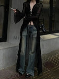 Dermearne  2 Vintage Y2k Black See Through Long Cardigan Women Sexy Grunge V-neck Streetwear Tops Summer Chic Aesthetic Bandage Slim Blouse
