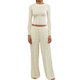 DERMEARNE WPNAKS Women 2 Piece Pant Sets Spring Autumn Clothes Solid Color Long Sleeve Crop Tops and Elastic Wide Leg Pants Sleepwear
