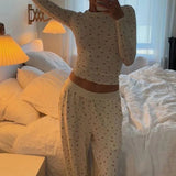 DERMEARNE WPNAKS Women 2 Piece Pant Sets Spring Autumn Clothes Solid Color Long Sleeve Crop Tops and Elastic Wide Leg Pants Sleepwear