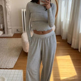 DERMEARNE WPNAKS Women 2 Piece Pant Sets Spring Autumn Clothes Solid Color Long Sleeve Crop Tops and Elastic Wide Leg Pants Sleepwear