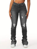 DERMEARNE Washed Denim Straight Pants Women Ankle Length Jean Ripped Hole Distressed Pockets Solid Casual Skinny Vintage High Waist