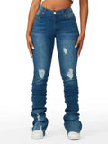 DERMEARNE Washed Denim Straight Pants Women Ankle Length Jean Ripped Hole Distressed Pockets Solid Casual Skinny Vintage High Waist