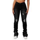 DERMEARNE Washed Denim Straight Pants Women Ankle Length Jean Ripped Hole Distressed Pockets Solid Casual Skinny Vintage High Waist