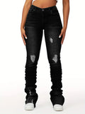 DERMEARNE Washed Denim Straight Pants Women Ankle Length Jean Ripped Hole Distressed Pockets Solid Casual Skinny Vintage High Waist