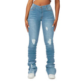 DERMEARNE Washed Denim Straight Pants Women Ankle Length Jean Ripped Hole Distressed Pockets Solid Casual Skinny Vintage High Waist