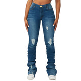 DERMEARNE Washed Denim Straight Pants Women Ankle Length Jean Ripped Hole Distressed Pockets Solid Casual Skinny Vintage High Waist