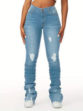 DERMEARNE Washed Denim Straight Pants Women Ankle Length Jean Ripped Hole Distressed Pockets Solid Casual Skinny Vintage High Waist