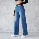 DERMEARNE Washed Distressed Denim Straight Pants Vintage Women Jean Pockets High Waist Loose Fit Ankle Length Wide Leg Pants Basics