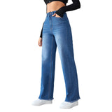 DERMEARNE Washed Distressed Denim Straight Pants Vintage Women Jean Pockets High Waist Loose Fit Ankle Length Wide Leg Pants Basics
