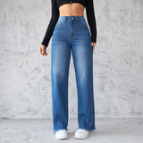 DERMEARNE Washed Distressed Denim Straight Pants Vintage Women Jean Pockets High Waist Loose Fit Ankle Length Wide Leg Pants Basics
