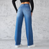 DERMEARNE Washed Distressed Denim Straight Pants Vintage Women Jean Pockets High Waist Loose Fit Ankle Length Wide Leg Pants Basics