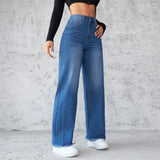 DERMEARNE Washed Distressed Denim Straight Pants Vintage Women Jean Pockets High Waist Loose Fit Ankle Length Wide Leg Pants Basics