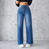 DERMEARNE Washed Distressed Denim Straight Pants Vintage Women Jean Pockets High Waist Loose Fit Ankle Length Wide Leg Pants Basics