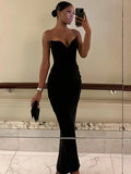 Dermearne WeiYao Black Sexy V-neck Fit Bodycon Wrap Hip Maxi Dress Summer Backless Slim Long Dress Evening Party Dresses For Women 2024