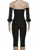 DERMEARNE Weird Puss Elegant Slash Neck Romper Women Feather Half Sleeve 2025 Spring Trend Elastic Playsuit Streetwear Fit Tight Overalls