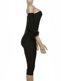 DERMEARNE Weird Puss Elegant Slash Neck Romper Women Feather Half Sleeve 2025 Spring Trend Elastic Playsuit Streetwear Fit Tight Overalls