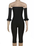 DERMEARNE Weird Puss Elegant Slash Neck Romper Women Feather Half Sleeve 2025 Spring Trend Elastic Playsuit Streetwear Fit Tight Overalls